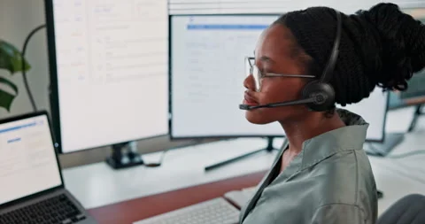 Computer screen, smile and woman in call center for tech support, virtual Stock Footage 346940334