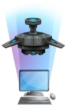 Computer screen with spaceship flying イラスト素材
