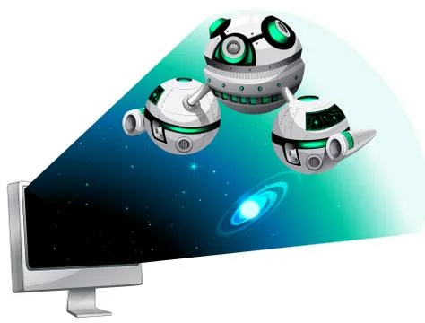 Computer screen with spaceship flying out イラスト素材