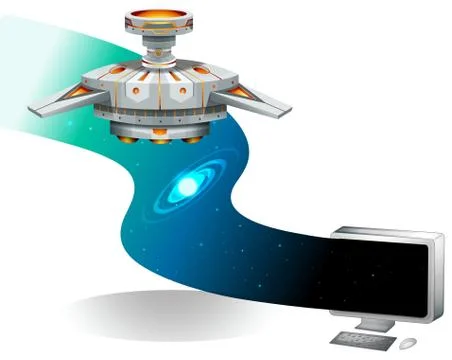 Computer screen with spaceship flying in the space イラスト素材
