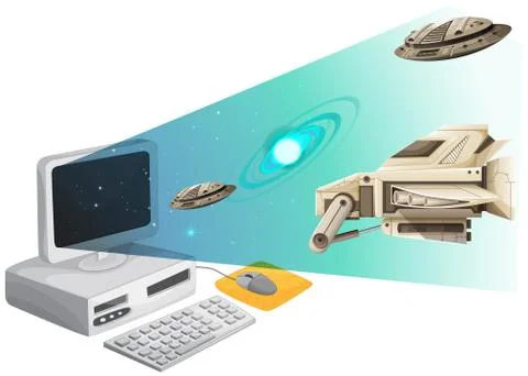 Computer screen with spaceships in the space イラスト素材
