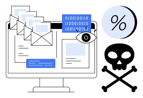 Computer screen with spam emails, binary code, eye, and malicious symbols. Id 库存插图