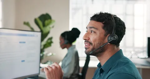 Computer screen, speaking and happy man in call center for tech support, virtual Stock Footage 346951835