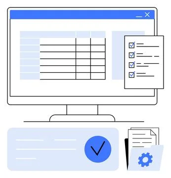 Computer screen with spreadsheet, aligned completed checklists, gear and docu Stock Illustration