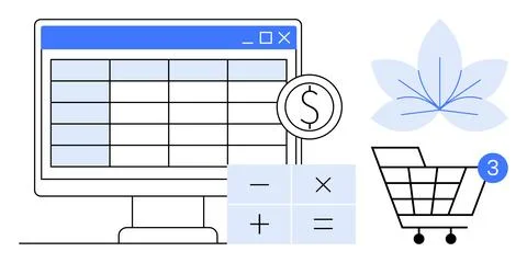 Computer screen with spreadsheet, currency symbol, calculator buttons, shoppi Stock Illustration