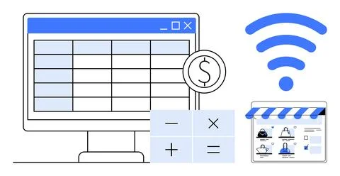 Computer screen with spreadsheet, dollar sign, calculator buttons, wireless i Stock Illustration