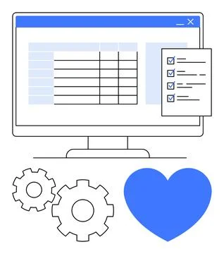 Computer screen with spreadsheet, floating checklist, gears and blue heart .. Stock Illustration