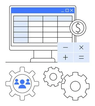 Computer screen with spreadsheet, gears with user icons, and mathematical s.. Stock Illustration