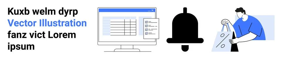 Computer screen with spreadsheet, notification bell icon, person holding shop Stock Illustration