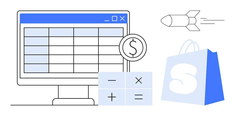 Computer screen with a spreadsheet represents data analysis. A shopping bag s Stock Illustration