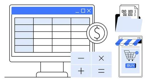 Computer screen with spreadsheet, shopping cart on smartphone, and calculator Stock Illustration