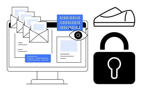 Computer screen, stacks of envelopes, eye symbol, binary code, sneaker, and p Stock Illustration