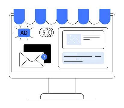 Computer screen with store awning displaying icons including an envelope with Stock Illustration