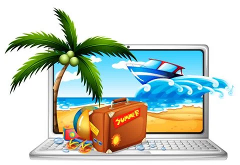 Computer screen with summer background Illustrazione stock