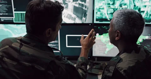 Computer screen, surveillance and teamwork with people in CCTV control room for Stock Footage 303611469