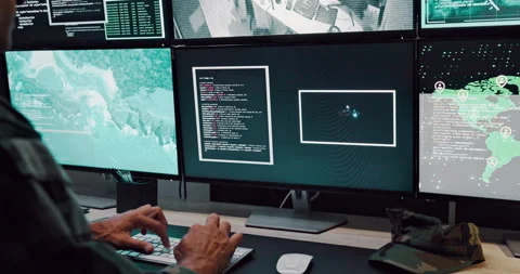 Computer screen, surveillance and typing with person in CCTV control room for Stock Footage 303557320