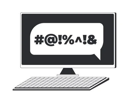 Computer screen with swear speech bubble black and white cartoon clipart 스톡 일러스트