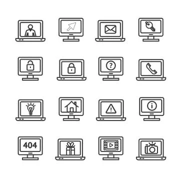 Computer Screen Symbols with Signs Black Thin Line Icon Set. Vector Illustrazione stock