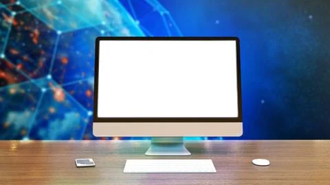 Computer screen.The table on the background.The graph of the earth.3D renderi Stock Photos