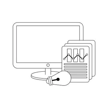 Computer screen technology hardware cartoon in black and white Illustrazione stock