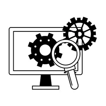 Computer screen technology hardware cartoon in black and white Stock Illustration