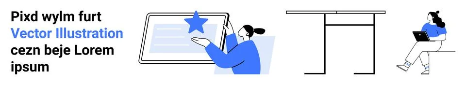 Computer screen with text and star, person interacting with screen, office de Illustrazione stock