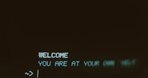 Computer screen with a text based interface displaying the word WELCOME Stock Footage 321765707