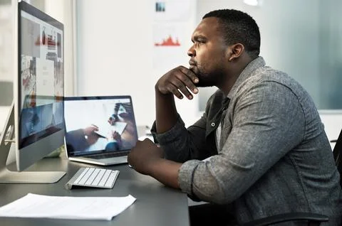 Computer screen, thinking and web design with black man in office for probl.. 写真素材