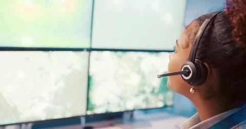 Computer, screen tracking or woman with headset in control room for weather Stock Photos