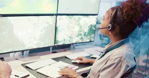 Computer screen, tracking or woman with headset in control room for weather Stock Photos