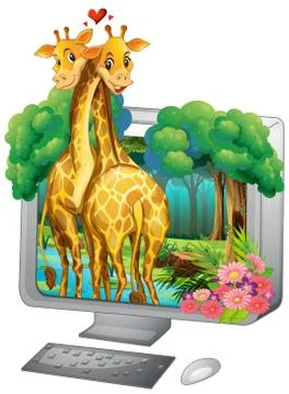 Computer screen with two giraffe hugging Stock Illustration