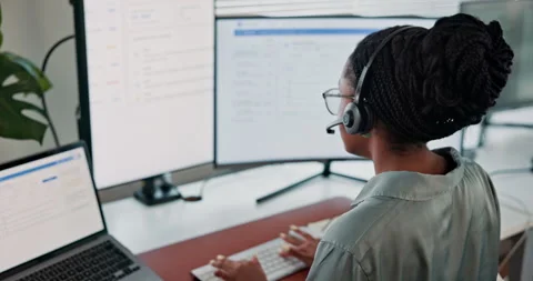 Computer screen, typing and woman in call center for tech support, software Stock Footage 346940497