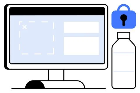 Computer screen with UI design elements, a blue lock icon representing securi Illustrazione stock