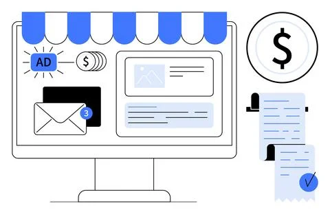 A computer screen under a storefront canopy displaying an email notification, Stock Illustration