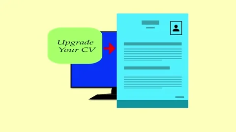 Computer screen with Upgrade Your CV text bubble next to a stylized resume .. Stock Footage 260797734