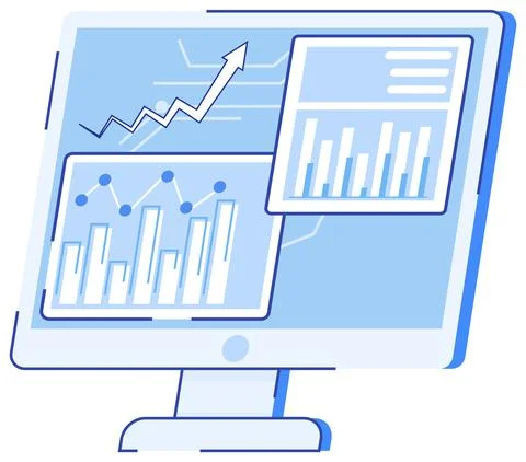 Computer screen with various graphs and diagrams. Data analysis and investment 스톡 일러스트