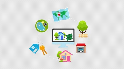 A computer screen with various icons surrounding it home and house key, map.. Stock Footage 266001847