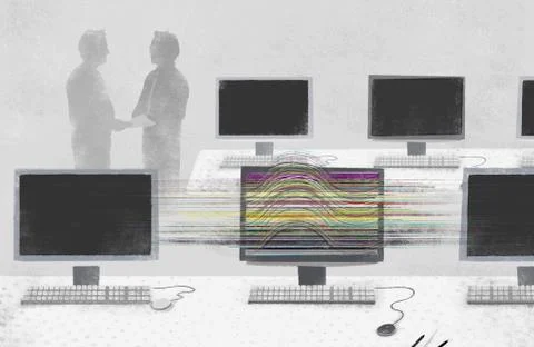 A computer screen with vibrant color amongst darkened computer screens Stock Illustration