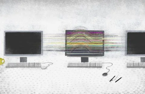 A computer screen with vibrant color amongst darkened computer screens Stock Illustration