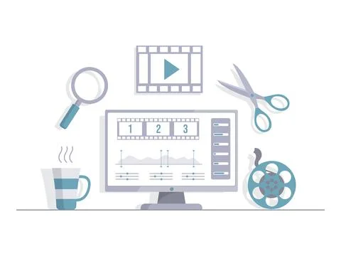 Computer screen with video editor vector flat illustration. Video cutting and Illustrazione stock