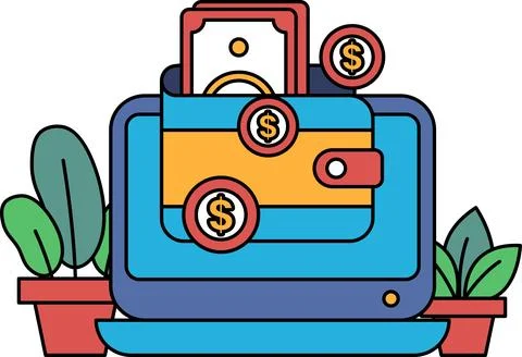 A computer screen with a wallet on it and a bunch of coins Stock-Illustration