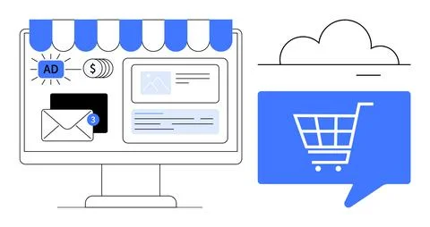 Computer screen with web interface showing ads, email notifications, and onli Illustrazione stock