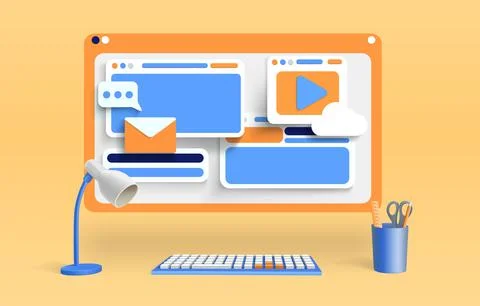 Computer screen with web windows, social media and digital communication symbols 스톡 일러스트