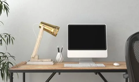 Computer screen on Work desk in empty room Illustrazione stock