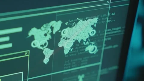 Computer screen with world map connection points and pins during hacking by spy Stock Footage 339890636