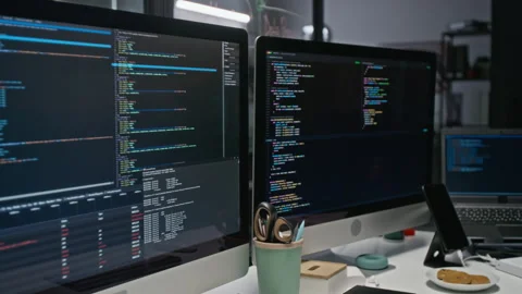 Computer Screens Displaying Code for Software Development Stock-Footage 348357607