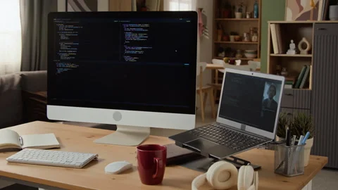 Computer Screens Displaying Programming Code in Modern Home Office Video stock 347654935
