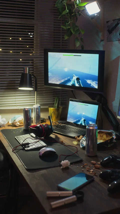Computer Screens Showing Video Game Representing Screen Addiction Stock Footage 342027387