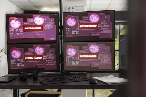 Computer screens in vacant office display hacking alerts and security breach Stock-Fotos
