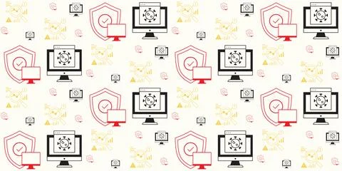 Computer screens with virus icons and shield protection symbols in black red and Stock Illustration